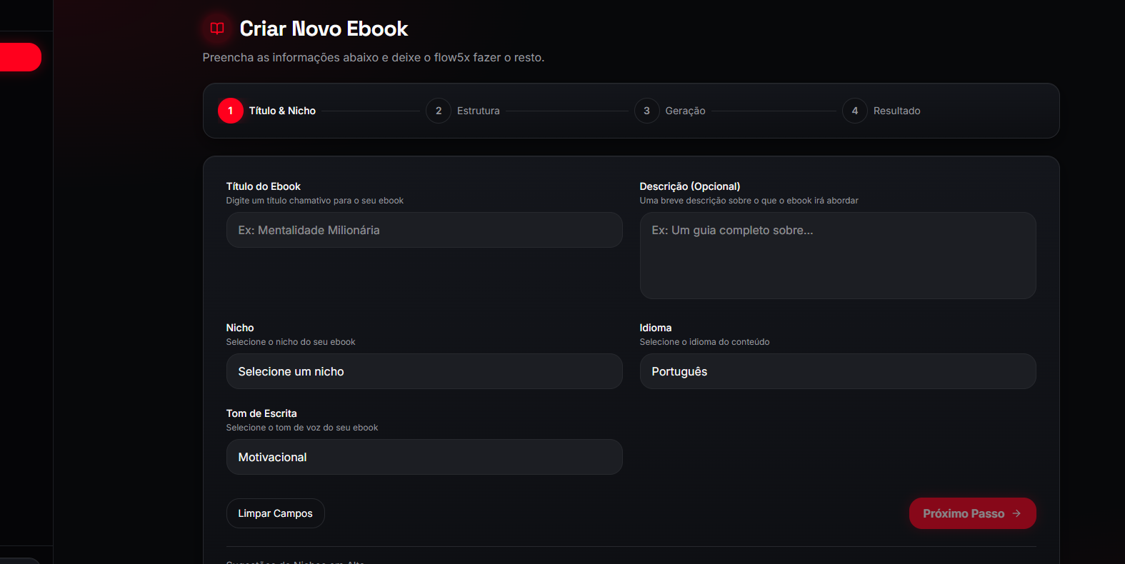 Interface do Flow5x — Criar Novo Ebook